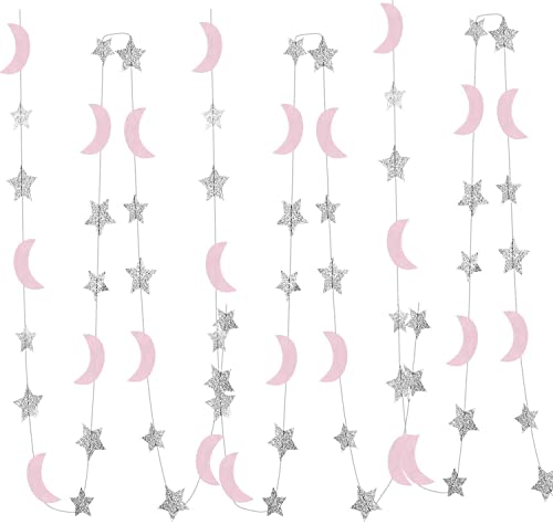 Moon and Star Garland Twinkle Twinkle Little Star of 2pcs Pink Silver Princess Birthday Party Decorations Pink Silver Moon Star Baby Shower Decorations 1st Birthday Garland Love You to the Moon