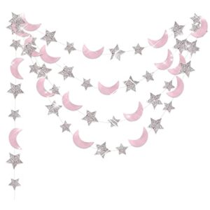 Moon and Star Garland Twinkle Twinkle Little Star of 2pcs Pink Silver Princess Birthday Party Decorations Pink Silver Moon Star Baby Shower Decorations 1st Birthday Garland Love You to the Moon