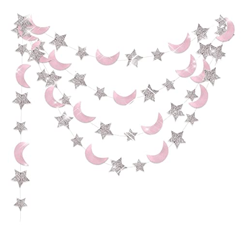 Moon and Star Garland Twinkle Twinkle Little Star of 2pcs Pink Silver Princess Birthday Party Decorations Pink Silver Moon Star Baby Shower Decorations 1st Birthday Garland Love You to the Moon