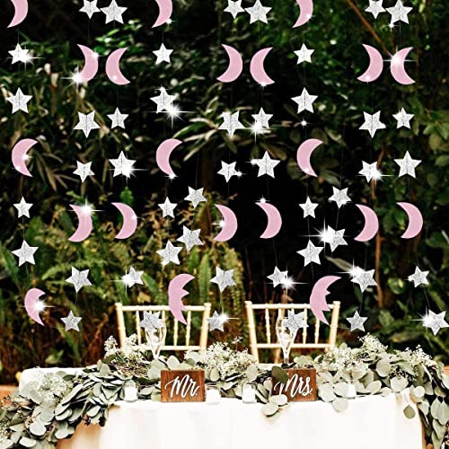 Moon and Star Garland Twinkle Twinkle Little Star of 2pcs Pink Silver Princess Birthday Party Decorations Pink Silver Moon Star Baby Shower Decorations 1st Birthday Garland Love You to the Moon