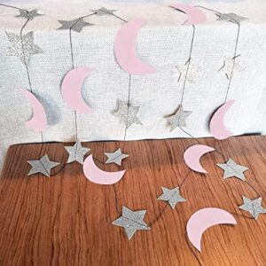 Moon and Star Garland Twinkle Twinkle Little Star of 2pcs Pink Silver Princess Birthday Party Decorations Pink Silver Moon Star Baby Shower Decorations 1st Birthday Garland Love You to the Moon