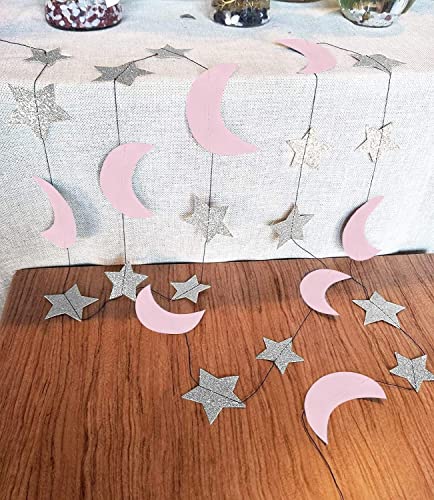 Moon and Star Garland Twinkle Twinkle Little Star of 2pcs Pink Silver Princess Birthday Party Decorations Pink Silver Moon Star Baby Shower Decorations 1st Birthday Garland Love You to the Moon