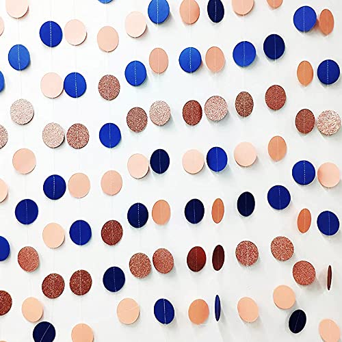 Navy Rose Gold Party Decorations, 5PCS Glitter Navy Blue Rose Gold Circle Dots Garland Streamers for Baby Gender Reveal Bridal Shower Bachelorette Party Decorations, 52.5 Feet