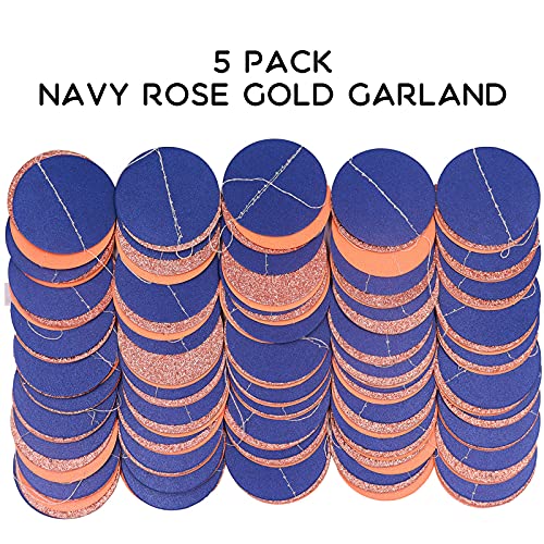 Navy Rose Gold Party Decorations, 5PCS Glitter Navy Blue Rose Gold Circle Dots Garland Streamers for Baby Gender Reveal Bridal Shower Bachelorette Party Decorations, 52.5 Feet