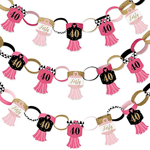 Big Dot of Happiness Chic 40th Birthday - Pink, Black and Gold - 90 Chain Links and 30 Paper Tassels Decoration Kit - Birthday Party Paper Chains Garland - 21 feet