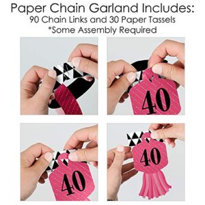 Big Dot of Happiness Chic 40th Birthday - Pink, Black and Gold - 90 Chain Links and 30 Paper Tassels Decoration Kit - Birthday Party Paper Chains Garland - 21 feet