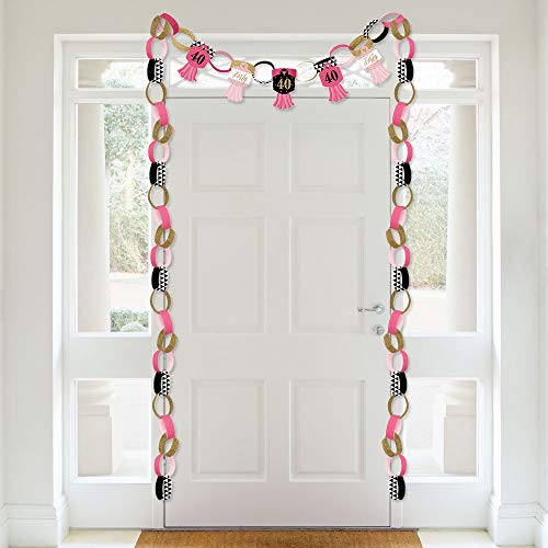 Big Dot of Happiness Chic 40th Birthday - Pink, Black and Gold - 90 Chain Links and 30 Paper Tassels Decoration Kit - Birthday Party Paper Chains Garland - 21 feet