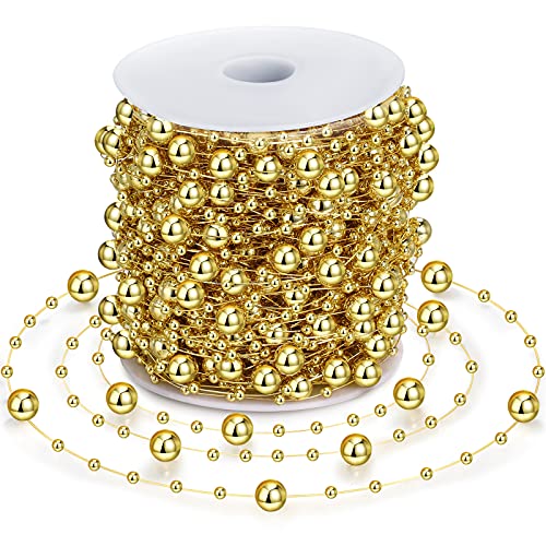 98 Feet Christmas Tree Beads Garland Decoration 2 Sizes Pearl Strands Chain Resin Pearls Beads Chains with ABS Plastic Line Christmas Tree Decorations for Home Mantle Fireplace Holiday Decor (Gold)