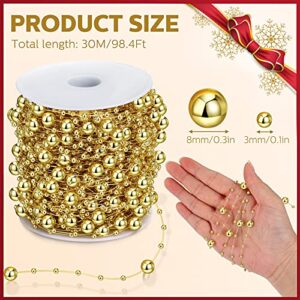 98 Feet Christmas Tree Beads Garland Decoration 2 Sizes Pearl Strands Chain Resin Pearls Beads Chains with ABS Plastic Line Christmas Tree Decorations for Home Mantle Fireplace Holiday Decor (Gold)