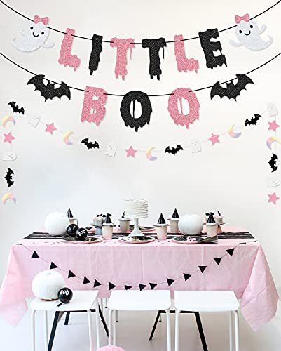 Little Boo Banner Moon Bat Ghost Star Garland for Halloween Girl Baby Shower Pink Black Girl Halloween Party Decorations