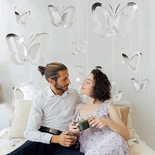 BEISHIDA 3D Silver Butterfly Birthday Decorations Including 3 Sizes Hanging Butterfly Garland for Wedding Baby Shower Garden Themed Tea Party Graduation