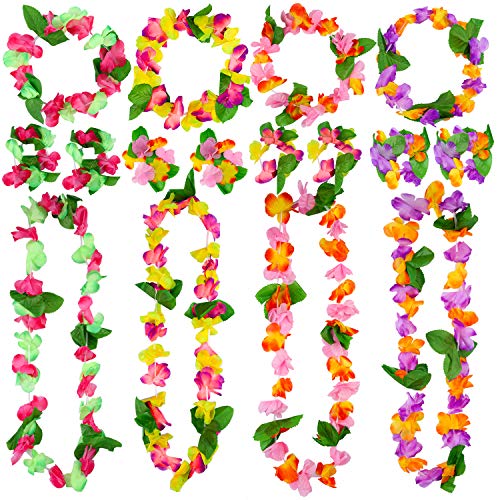 Cooraby 16 Pieces Hawaiian Garlands Bulk Silk Flower Leis Banner 8 Bracelets 4 Headbands and 4 Necklaces for Luau Party Decorations