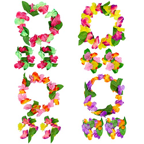 Cooraby 16 Pieces Hawaiian Garlands Bulk Silk Flower Leis Banner 8 Bracelets 4 Headbands and 4 Necklaces for Luau Party Decorations