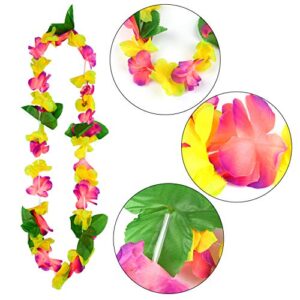 Cooraby 16 Pieces Hawaiian Garlands Bulk Silk Flower Leis Banner 8 Bracelets 4 Headbands and 4 Necklaces for Luau Party Decorations