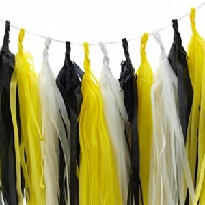 Construction Tissue Paper Tassels, Black & Yellow Decorative Garland (Set of 15) - Construction Party Supplies, Dump Truck Party Banners, Construction Streamer Backdrop Birthday Supplies