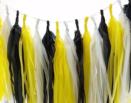 Construction Tissue Paper Tassels, Black & Yellow Decorative Garland (Set of 15) - Construction Party Supplies, Dump Truck Party Banners, Construction Streamer Backdrop Birthday Supplies