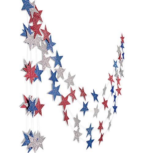 Whaline 52ft Glitter Patriotic Star Streamers Paper Bunting Banner Red White Blue Star Garland Hanging Decoration for 4th of July Decorations Independence Day Celebration Party, 4 Pack