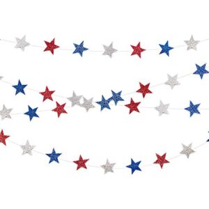 Whaline 52ft Glitter Patriotic Star Streamers Paper Bunting Banner Red White Blue Star Garland Hanging Decoration for 4th of July Decorations Independence Day Celebration Party, 4 Pack