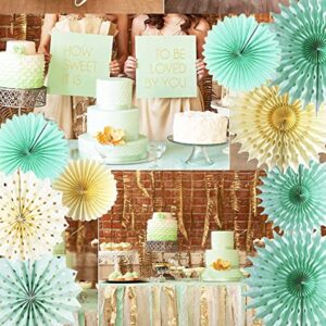 Mint Gold Birthday Decorations for Women Mint Cream Gold Polka Dot Paper Fans for Trial Baby Shower Decorations Mint Gold Wedding/Mint First Birthday Bridal Shower Decorations