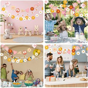 4 Pcs Groovy Party Decorations Daisy Boho Party Garland Decor Set With Colorful Pom Pom Felt Ball Garland Groovy Party Banner Retro Hippie Boho Spring Daisy Party Supplies Indoor Outdoor for Wall Home