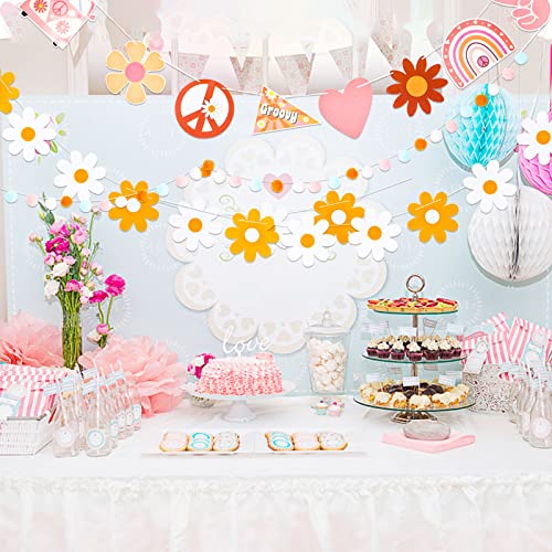 4 Pcs Groovy Party Decorations Daisy Boho Party Garland Decor Set With Colorful Pom Pom Felt Ball Garland Groovy Party Banner Retro Hippie Boho Spring Daisy Party Supplies Indoor Outdoor for Wall Home