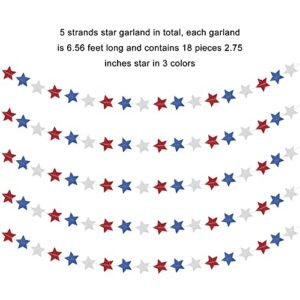 4th of July Decorations, 5 Strands Red White and Blue Star Garland Banner Memorial Day Decorations Patriotic Decorations Party Supplies for Labor Day, Independence Day, Veterans Day Celebration