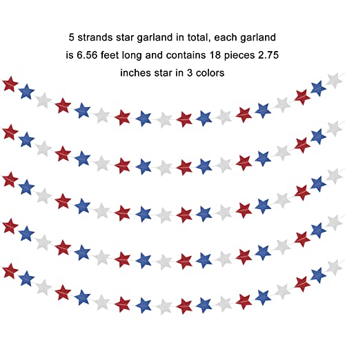 4th of July Decorations, 5 Strands Red White and Blue Star Garland Banner Memorial Day Decorations Patriotic Decorations Party Supplies for Labor Day, Independence Day, Veterans Day Celebration