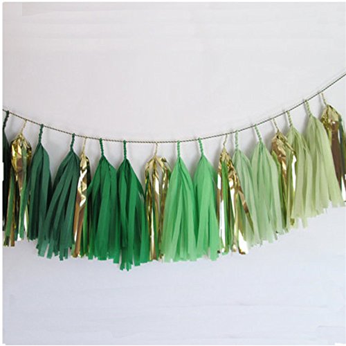 DIY Tissue Paper Tassels Party Decoration Supplies Sets 15 PCS Tassel Garland Banner for Birthday Party Bridal Shower Wedding Gold Garland Bunting Pom Pom (GM-Gold and Green)