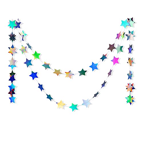 Iridescent Star Garland Holographic Decor Party Streamers Twinkle Star Banner Backdrop for Wedding Baby Shower Birthday Party Decorations, 3" in Diameter, 20 Feet in Total