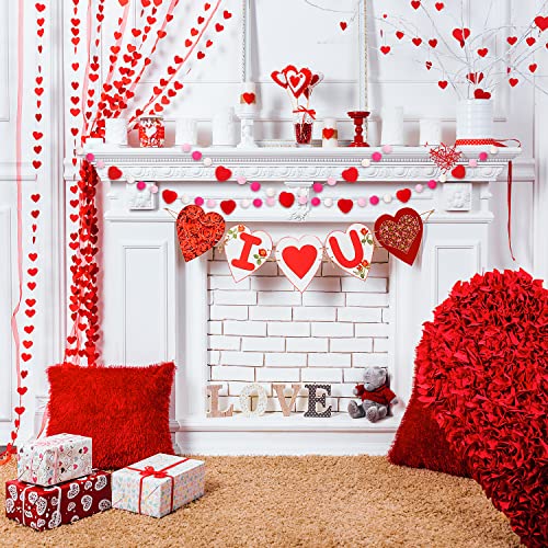 Whaline Valentine's Day Wool Felt Pom Pom Banner Romantic Red Heart Felt Garland Rose Red Pink White Pom Ball Hanging Bunting Garland for Wedding Anniversary Home Wall Decor Party Supplies, 5.9Ft