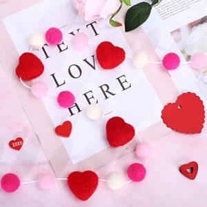 Whaline Valentine's Day Wool Felt Pom Pom Banner Romantic Red Heart Felt Garland Rose Red Pink White Pom Ball Hanging Bunting Garland for Wedding Anniversary Home Wall Decor Party Supplies, 5.9Ft