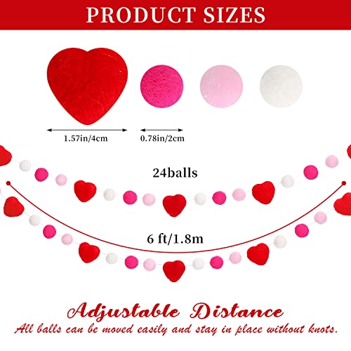 Whaline Valentine's Day Wool Felt Pom Pom Banner Romantic Red Heart Felt Garland Rose Red Pink White Pom Ball Hanging Bunting Garland for Wedding Anniversary Home Wall Decor Party Supplies, 5.9Ft