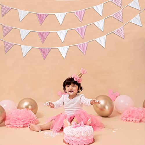 Zwiebeco 32Ft Pink White Plaid Dot Fabric Bunting Banner Triangle Flags Cotton Garland Pennant for Birthday Wedding Baby Shower Engagement Hen Party Classroom Nursery Home Outdoor Garden Decorations