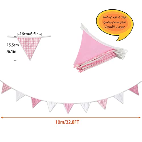 Zwiebeco 32Ft Pink White Plaid Dot Fabric Bunting Banner Triangle Flags Cotton Garland Pennant for Birthday Wedding Baby Shower Engagement Hen Party Classroom Nursery Home Outdoor Garden Decorations