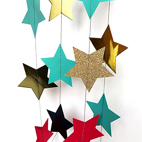 HappyField TIK Tok Birthday Decorations Star Garlands Glitter Gold Black Fuchsia Teal Star Banner for TIK Tok Party Decorations TIK Tok Musical Birthday Party Decor Music Party Supplies TIK Tok Decor