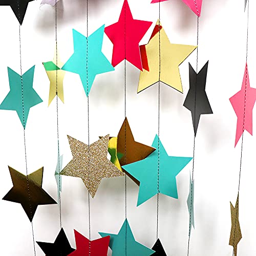 HappyField TIK Tok Birthday Decorations Star Garlands Glitter Gold Black Fuchsia Teal Star Banner for TIK Tok Party Decorations TIK Tok Musical Birthday Party Decor Music Party Supplies TIK Tok Decor