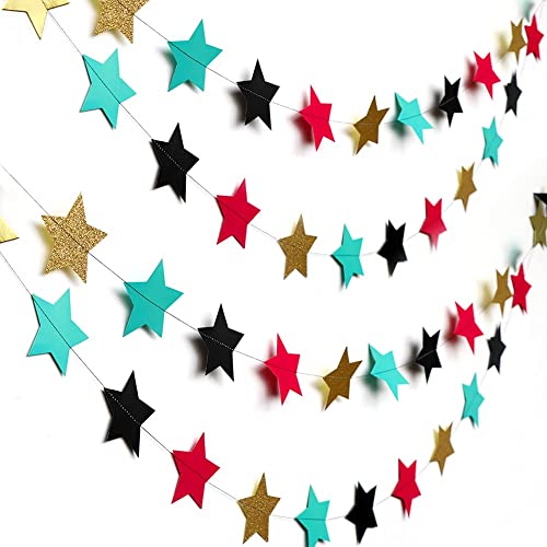 HappyField TIK Tok Birthday Decorations Star Garlands Glitter Gold Black Fuchsia Teal Star Banner for TIK Tok Party Decorations TIK Tok Musical Birthday Party Decor Music Party Supplies TIK Tok Decor