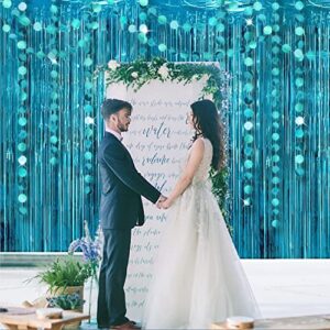 Teal Blue Tinsel Foil Curtain Backdrop Circle Dot Garland Party Decoration Birthday Proposal Wedding Engagement Bridal Baby Shower Party Supplies