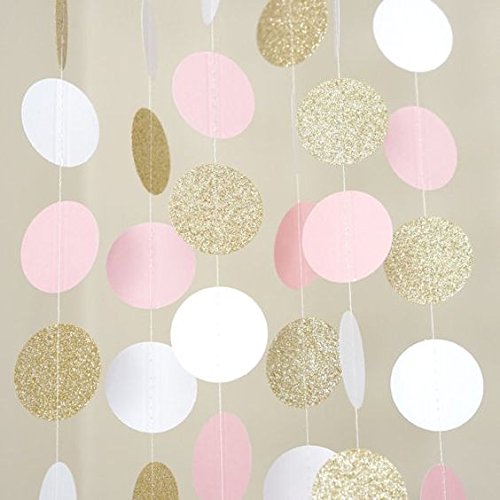 zorpia Paper Garland Gittler Circle Polka Dots Banner Birthday Nursery Party Decor Baby Shower, Pack of 5, Each 6.5 Feet Long (Pink White Gold) by Fascola