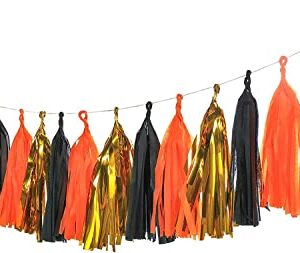 Autupy 30PCS Halloween Tassel Garland Banner Gold Black Orange Tassel Garland,Halloween Party Decor,Thanksgiving Mantel Decor,Tissue Paper Garland,Party Bunting(DIY)