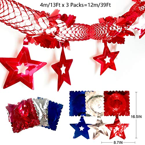 39Ft Patriotic Hanging Decorations Garland, Shiny Aluminum Foil Metallic Banner with Stars for 4th of July Independence Day, USA National Day, Wall Hanging Fringe Banner for Wedding Holiday Parties