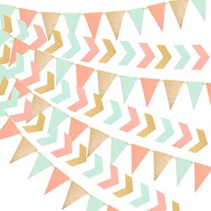 fonder mols paper triangle flag pennant bunting banner for tribe wedding party,baby shower,girl nursery decorations (peach+mint+gold glitter,10 feet,double sided,set of 2)