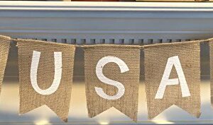 USA Burlap Patriotic Banner Bunting - 4th of July Party Decoration - Memorial Day Burlap Celebration Supplies - Honor Military Veterans Day Garland by Jolly Jon