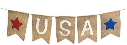 USA Burlap Patriotic Banner Bunting - 4th of July Party Decoration - Memorial Day Burlap Celebration Supplies - Honor Military Veterans Day Garland by Jolly Jon