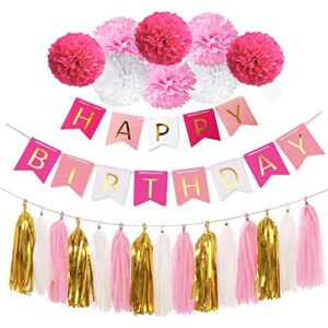 happy birthday banner rose pink white birthday decorations kit with 6 pack flower pom poms + 20 tassel garland for wedding, baby shower, event & party supplies