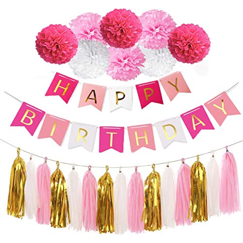 Happy Birthday Banner Rose Pink White Birthday Decorations Kit with 6 Pack Flower Pom Poms + 20 Tassel Garland for Wedding, Baby Shower, Event & Party Supplies