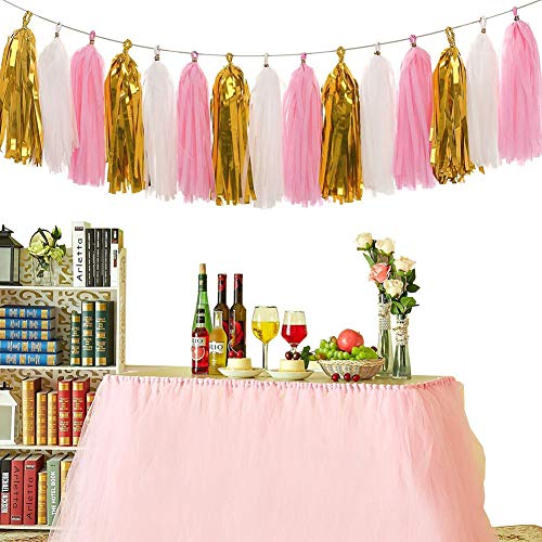 Happy Birthday Banner Rose Pink White Birthday Decorations Kit with 6 Pack Flower Pom Poms + 20 Tassel Garland for Wedding, Baby Shower, Event & Party Supplies