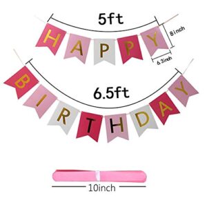 Happy Birthday Banner Rose Pink White Birthday Decorations Kit with 6 Pack Flower Pom Poms + 20 Tassel Garland for Wedding, Baby Shower, Event & Party Supplies