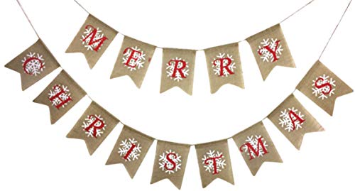 Merry Christmas Snowflake Burlap Banner - Ready to Hang Holiday Decor - Festive Christmas Seasonal Winter Decoration - Xmas Party Photo Prop Decorations - Rustic Bunting Garland by Jolly Jon