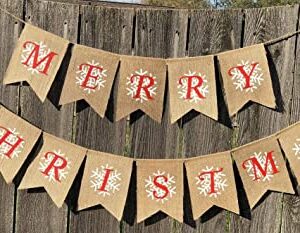 Merry Christmas Snowflake Burlap Banner - Ready to Hang Holiday Decor - Festive Christmas Seasonal Winter Decoration - Xmas Party Photo Prop Decorations - Rustic Bunting Garland by Jolly Jon